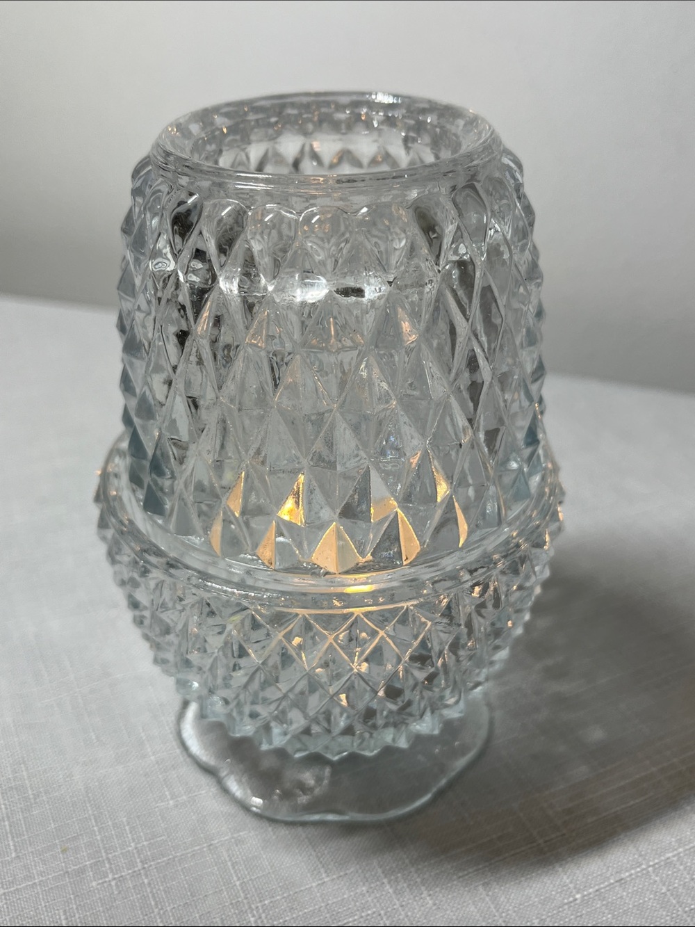 Pressed glass fairy lamp made in Taiwan, 1970s–1980s 
Diamond point
Tealights